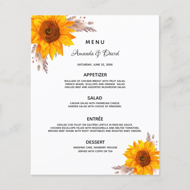 Menu sunflowers pampas grass Wedding dinner (Front)
