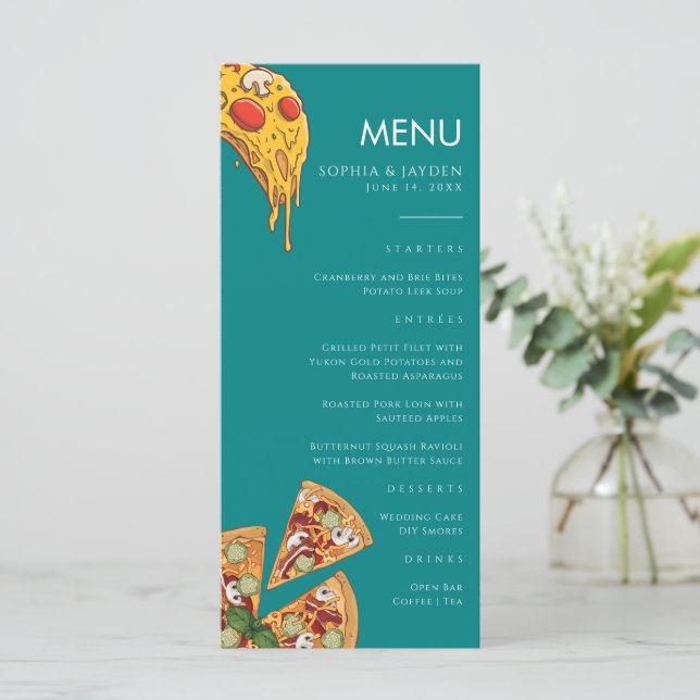 Menu Teal Green Blue PIZZA Modern Minimal Wedding (Standing Front)