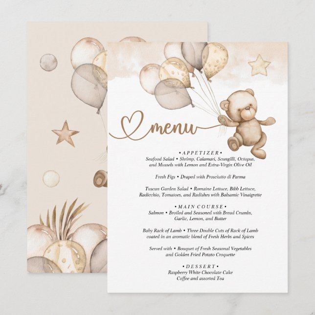 Menu Teddy Bear Baby Bear Baby Shower  (Front/Back)