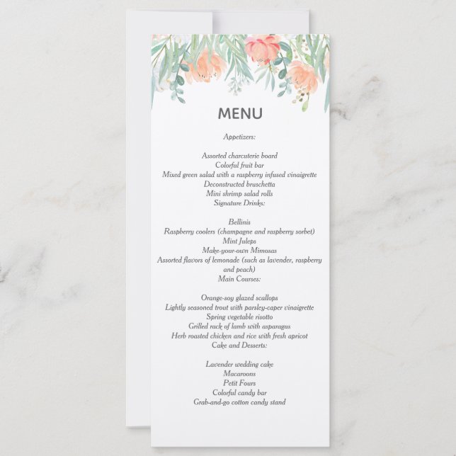 menu watercolor cream peach. wedding stationary invitation (Front)