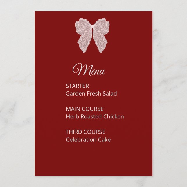 Menu Wedding Elegant Burgundy Lace Bow Card (Front)