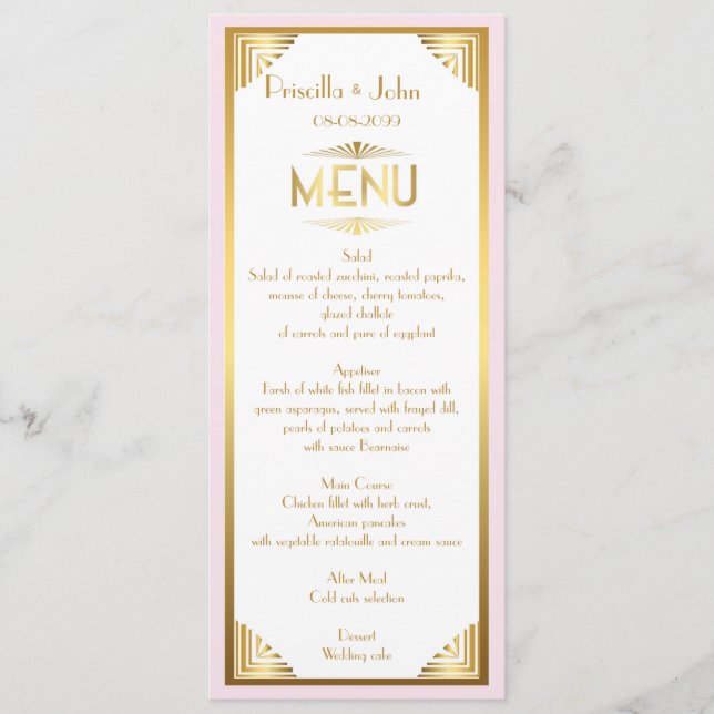 Menu Wedding,menu meeting,great Gatsby,white,gold (Front)