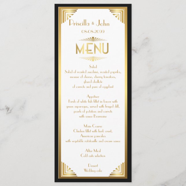 Menu Wedding,menu meeting,great Gatsby,white,gold (Front)