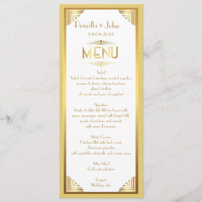 Menu Wedding,menu meeting,great Gatsby,white,gold (Front)