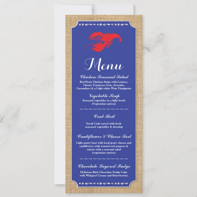 Menu Wedding Reception Crawfish Boil Lobster Beach Invitation (Front)