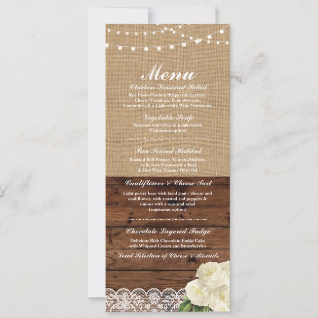 Menu Wedding Reception Rose Burlap Wood Lace Invitation (Front)