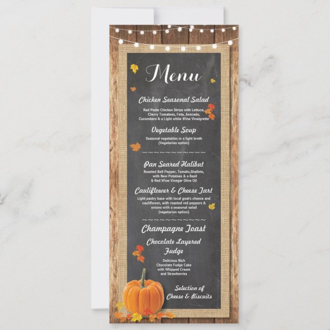 Menu Wedding Reception Rustic Pumpkin Chalk Card (Front)