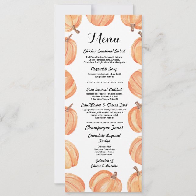 Menu Wedding Reception Rustic Pumpkin Fall Card (Front)