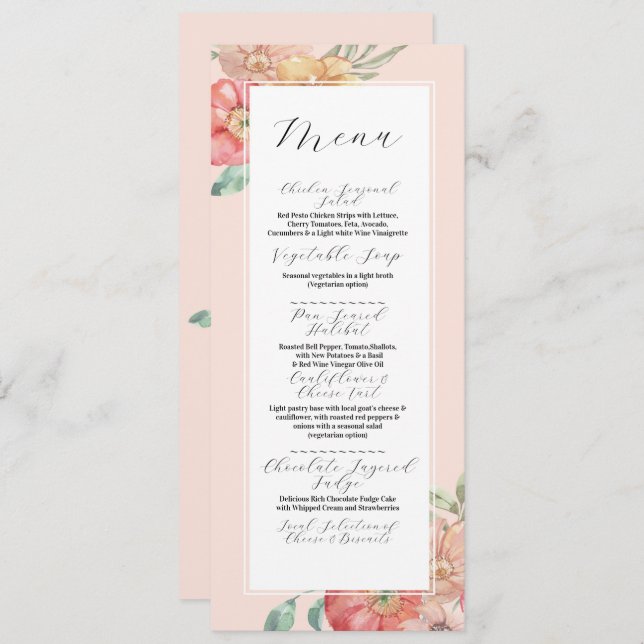 Menu Wedding Summer Florals Watercolor Reception (Front/Back)