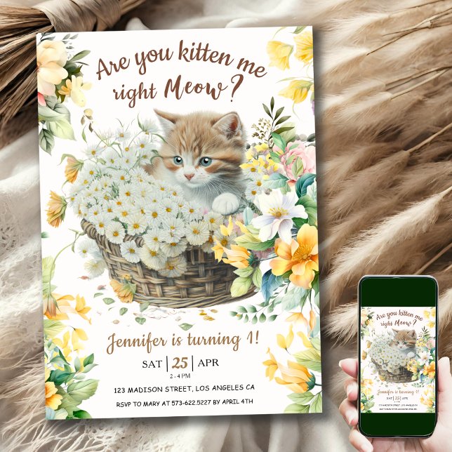 Meow! 1st Birthday Girl Floral Cute Kitten  Invitation (Creator Uploaded)
