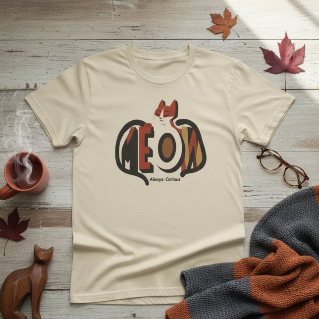 MEOW Always Curious Cat Retro Typography T-Shirt (Creator Uploaded)