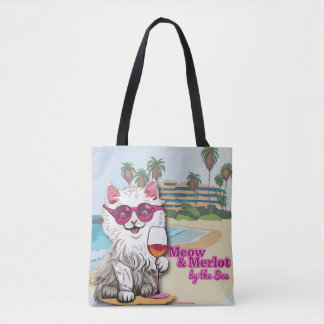 Meow and Merlot by the Sea totebag Tote Bag