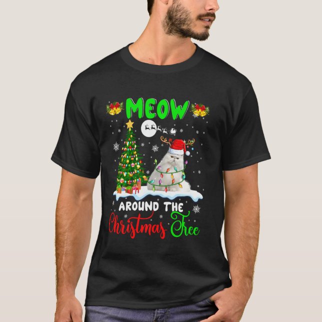 Meow Around Christmas Tree Cute Santa Reindeer Cat T-Shirt (Front)