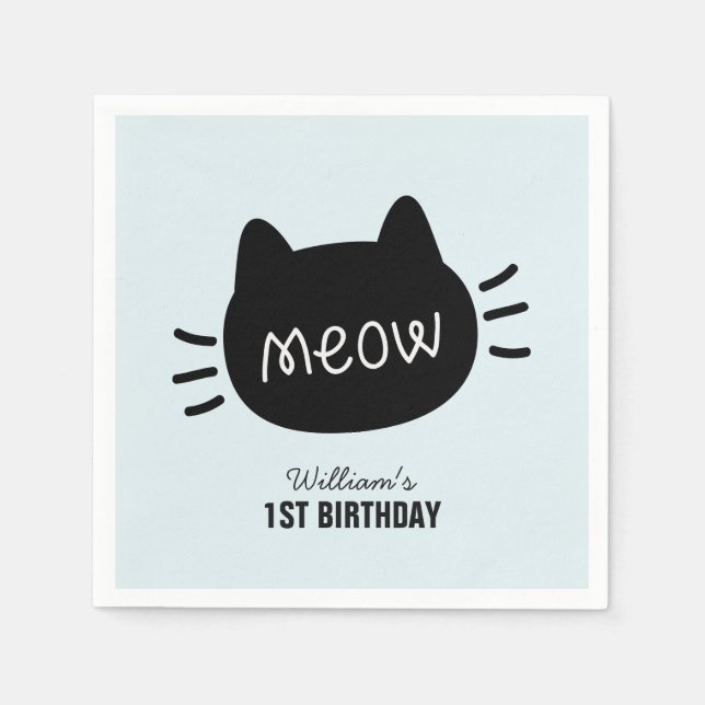 Meow Black Cat Face Blue Boy Birthday Napkin (Front)