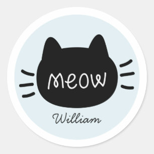 Meow Black Cat Face Blue Name Classic Round Sticker