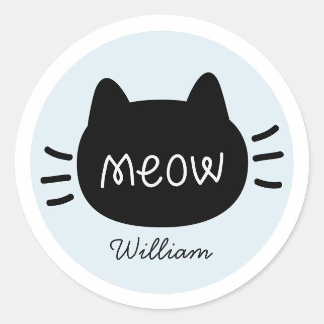 Meow Black Cat Face Blue Name Classic Round Sticker (Front)