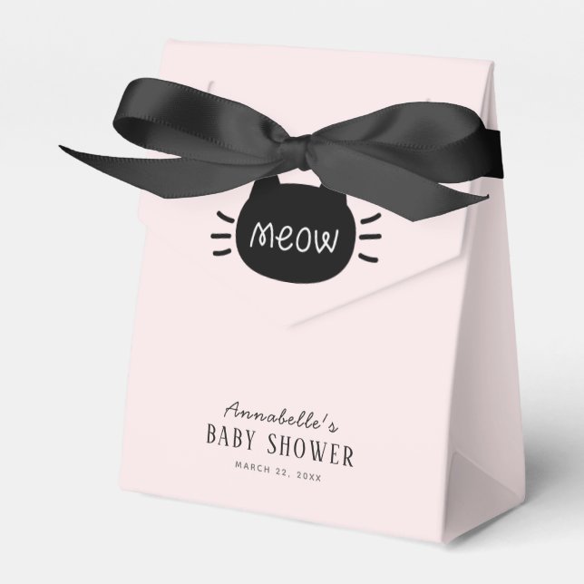 Meow Black Cat Face Pink Girl Baby Shower Favour Box (Front Side)