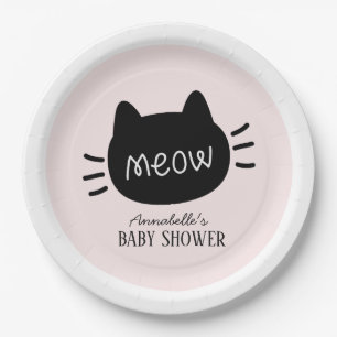 Meow Black Cat Face Pink Girl Baby Shower Paper Plate