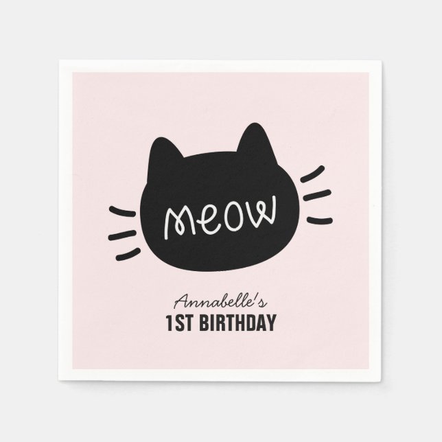 Meow Black Cat Face Pink Girl Birthday Napkin (Front)
