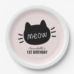 Meow Black Cat Face Pink Girl Birthday Paper Plate