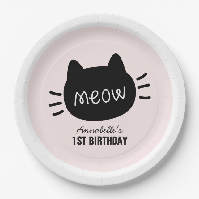 Meow Black Cat Face Pink Girl Birthday Paper Plate (Front)