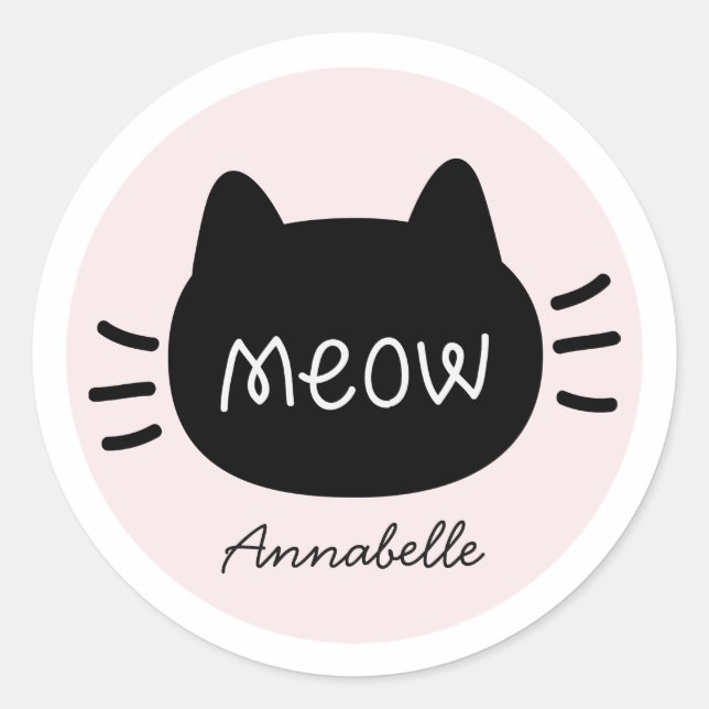 Meow Black Cat Face Pink Name Classic Round Sticker (Front)