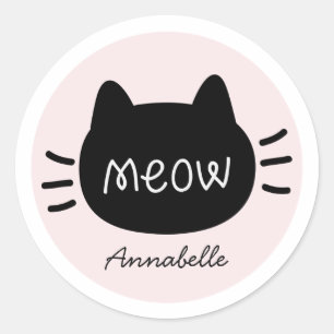 Meow Black Cat Face Pink Name Classic Round Sticker