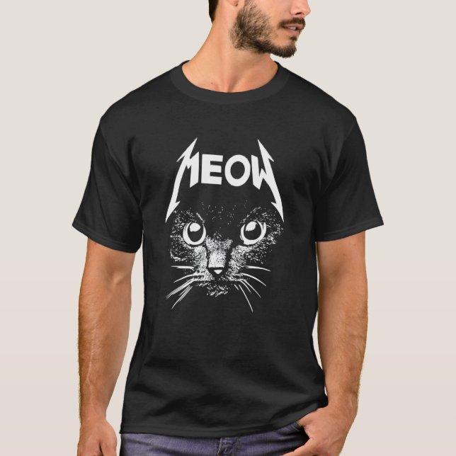 Meow Black Cat Metal Kitty Rocks T-Shirt (Front)
