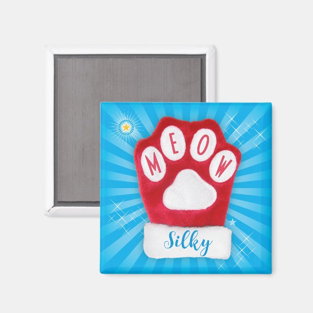 MEOW Cat Cheerful Christmas Red Paw Santa Mitten Magnet (Front/Back)