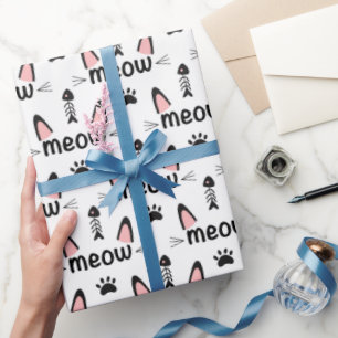 Meow Cat Ears and Pawprints Wrapping Paper