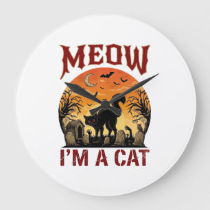 Meow Cat Halloween Black Cemetery_1 Large Clock