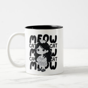 Meow Cat Lover Aesthetic Chibi Girl Illustration Two-Tone Coffee Mug