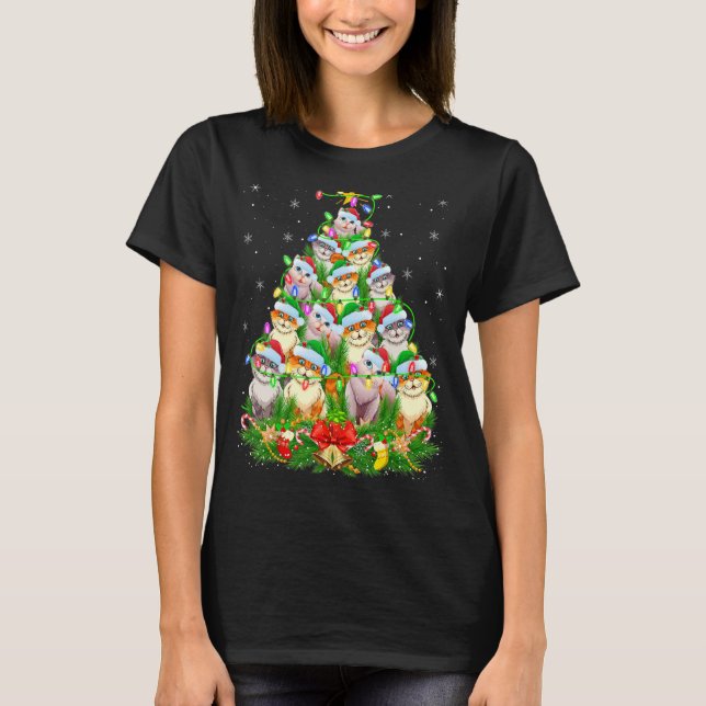 Meow Cat Lover Xmas Lights Santa Cats Christmas Tr T-Shirt (Front)