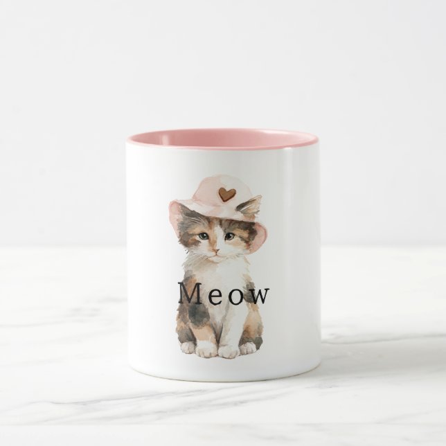 Meow Cat Pink Hat Heart Mug (Center)