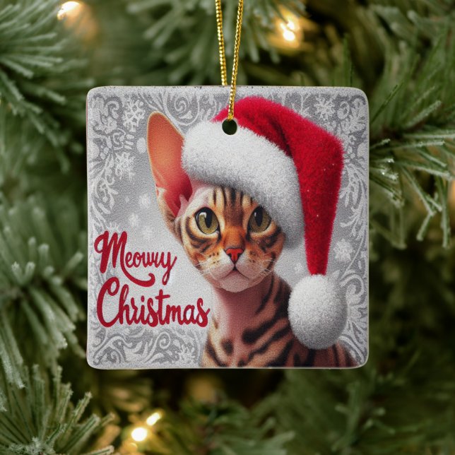 Meow Christmas Devon Rex Cat, Xmas Santa Cat Ceramic Ornament (Tree)
