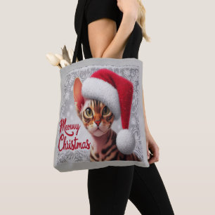 Meow Christmas Devon Rex Cat, Xmas Santa Cat Tote Bag