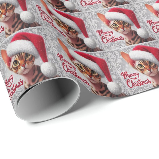 Meow Christmas Devon Rex Cat, Xmas Santa Cat Wrapping Paper (Roll Corner)