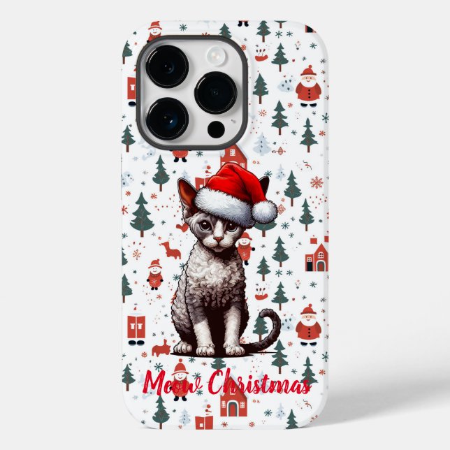 Meow Christmas Devon Rex Cat, Xmas Santa Kitten Case-Mate iPhone Case (Back)