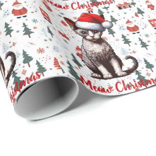 Meow Christmas Devon Rex Cat, Xmas Santa Kitten Wrapping Paper