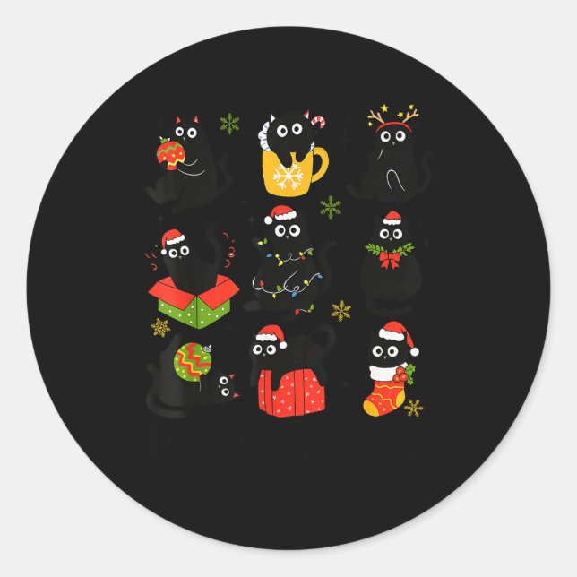 Meow Christmas Xmas Lights Black Cat Pyjamas Famil Classic Round Sticker (Front)