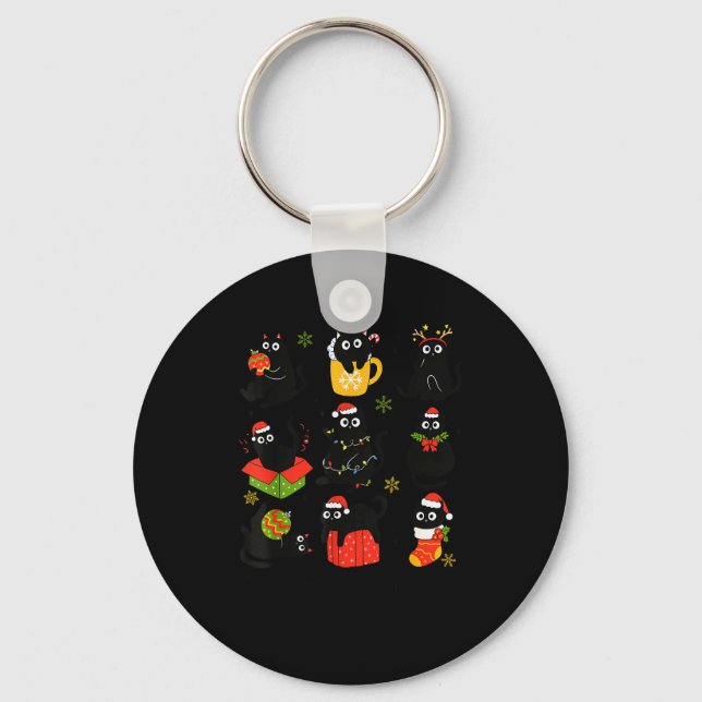 Meow Christmas Xmas Lights Black Cat Pyjamas Famil Key Ring (Front)