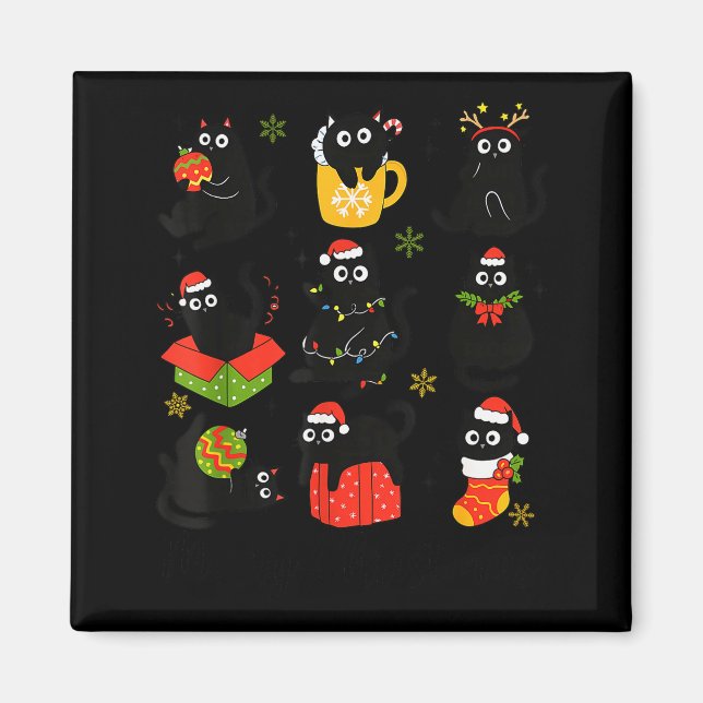 Meow Christmas Xmas Lights Black Cat Pyjamas Famil Magnet (Front)