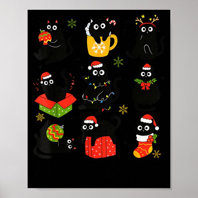 Meow Christmas Xmas Lights Black Cat Pyjamas Famil Poster (Front)