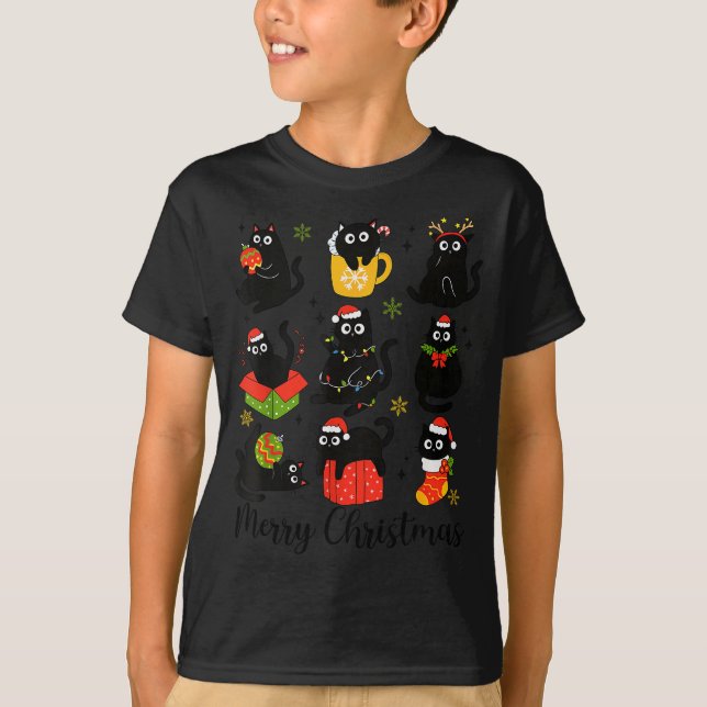 Meow Christmas Xmas Lights Black Cat Pyjamas Famil T-Shirt (Front)