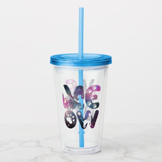 Meow – Cute Cat Silhouettes and Paw Prints Design Acrylic Tumbler (Front)