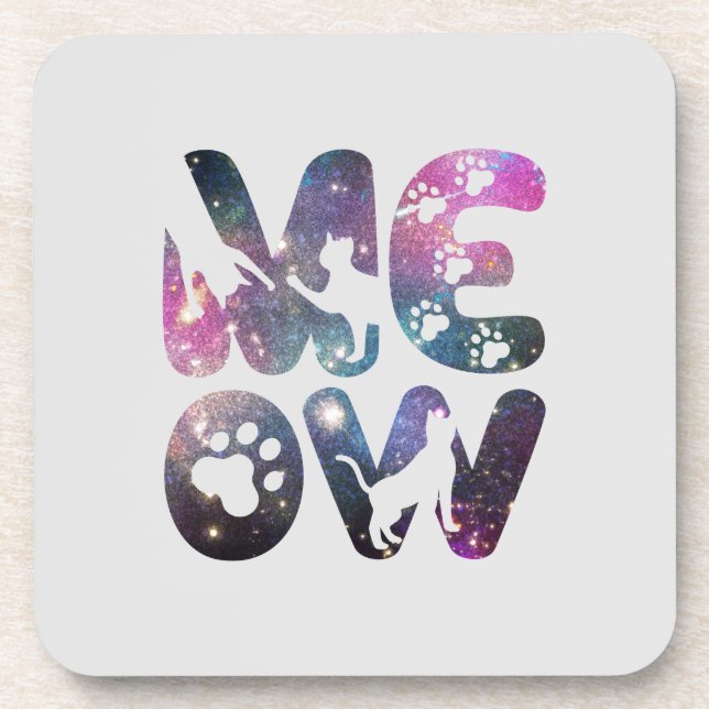 Meow – Cute Cat Silhouettes and Paw Prints Design Coaster (Front)