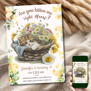 Meow! Cute Kitten Floral Kitty Cat 1st Birthday Invitation