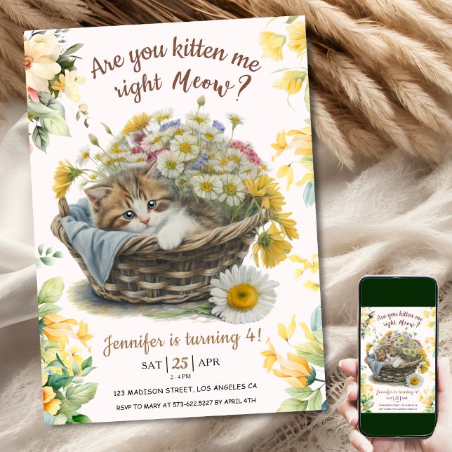 Meow! Cute Kitten Floral Kitty Cat 4th Birthday Invitation (Creator Uploaded)