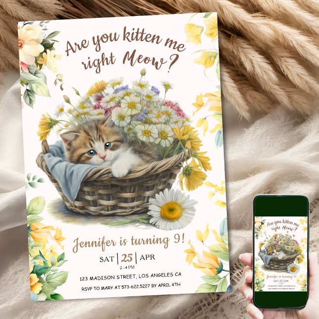 Meow! Cute Kitten Floral Kitty Cat 9th Birthday Invitation (Creator Uploaded)