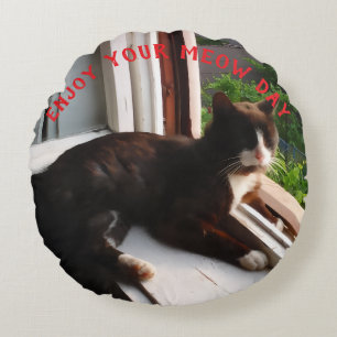Meow Day Cat Photo Round Pillow